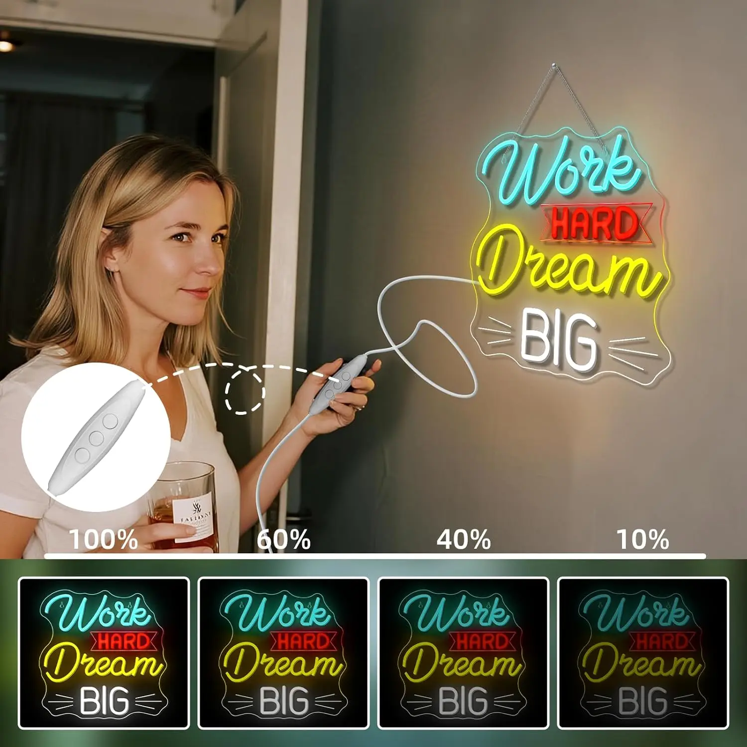 Work Hard Dream Big Neon Sign LED Neon Sign Wall Decor for Bedroom Home Bar Club Hotel Party Gift for Friend USB Power