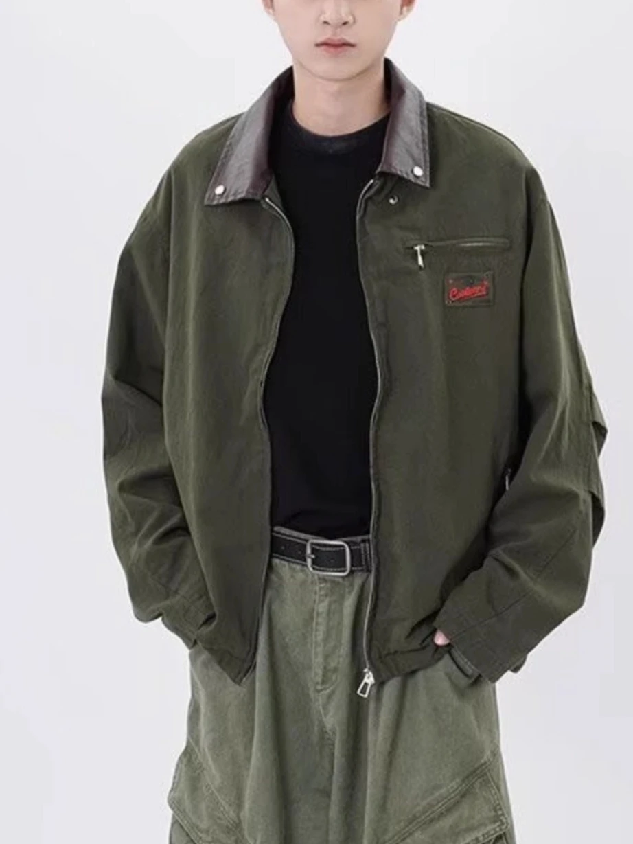 

Винтажная куртка-карго с кожаным воротником, мужская потертая спецодежда, уличная одежда, пальто, негабаритная верхняя одежда с карманом на молнии и вышивкой