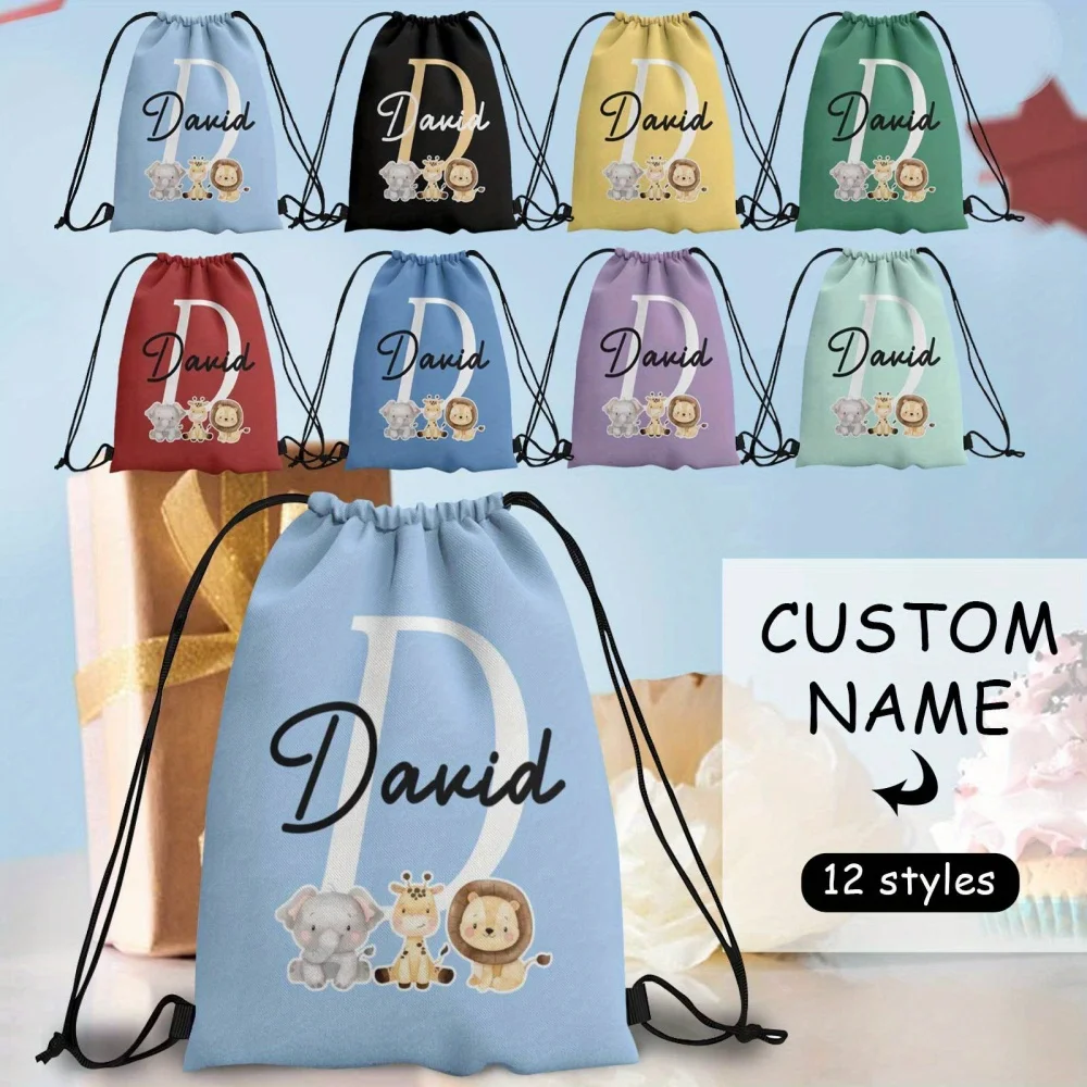 1Pc Cute Animal-themed Custom Name/Text Personalized Drawstring Backpack -Lightweight Travel Sports Bags Gym Sack Storage Bag