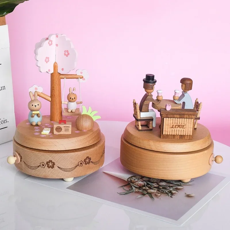 Powder Wooden Music Box Printing Rabbit Music Box Girl Heart Pink Birthday Gift Wooden Crafts Wood Decoration Kids Toys Home