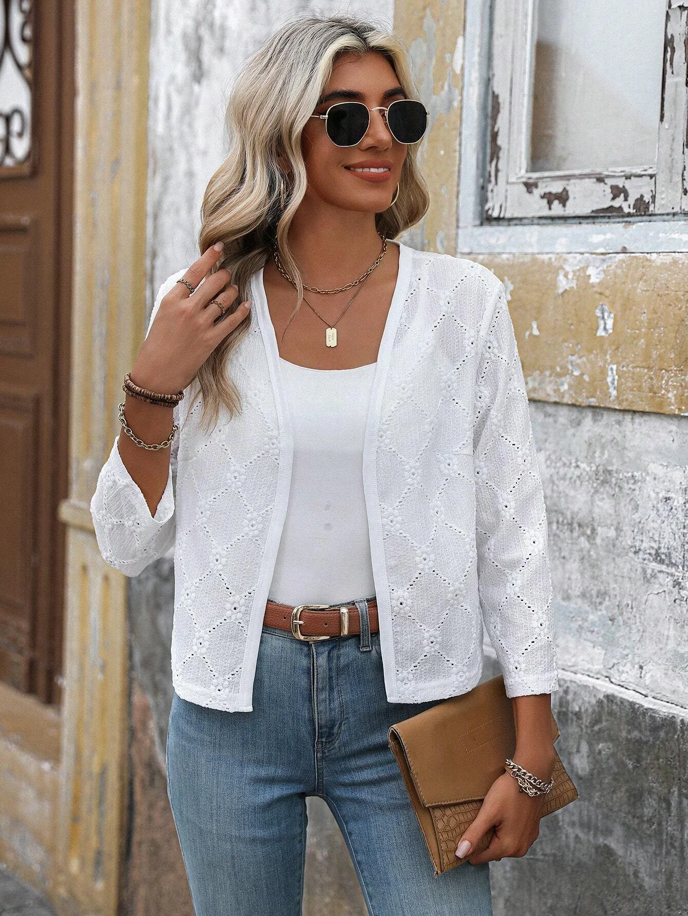 Women's Casual Geometric -Pattern Jacket Long Sleeve, Semi Sheer, Woven Fabric Spring & Fall Outerwear - view 3
