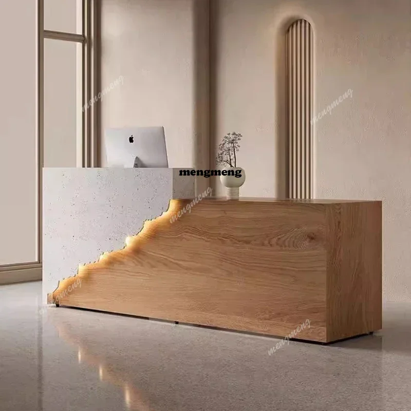 

Стойки ресепшн для салонов красоты E182: Современные роскошные столы из массива дерева со светодиодной подсветкой, офисная мебель для обслуживания клиентов, стойки для приёма посетителей