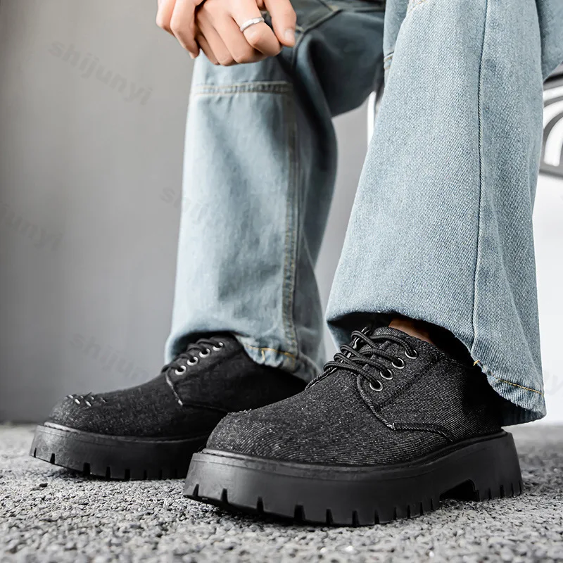 

Мужская парусиновая кожаная обувь, осень 2023, лоферы для отдыха, удобные нескользящие модные туфли на платформе со шнуровкой, модные туфли дерби для свадебной вечеринки