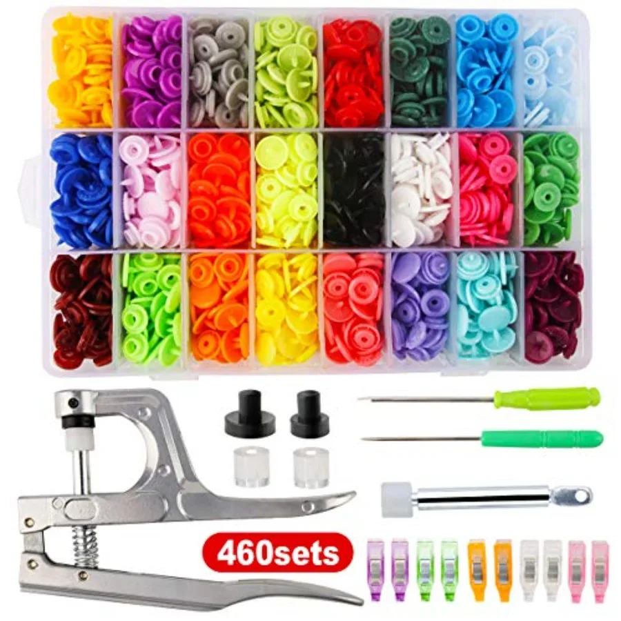 

460 комплектов пластиковых кнопок-застежек 24 цветов с плоскими краями и инструментом для установки (плоскогубцами) T5, кнопки из полимерной смолы, пришивные кнопки-защелки без пришивания
