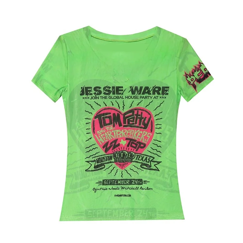 Faionable Printed Me ort Sve T-irt Women Summer 2024 New European Sle Slim Fit Ice Silk V-Ne Top Street Sle