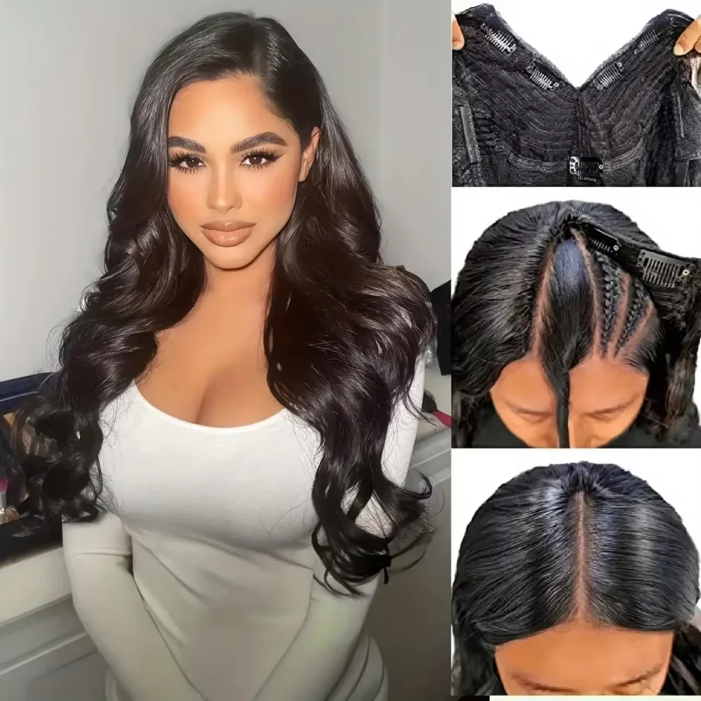 V Part Wigs Human Hair Body Wave Glueless Human Hair Wig V Shape Machine Made Wigs Hd Lace For Women Full Head Clip No Leave Out