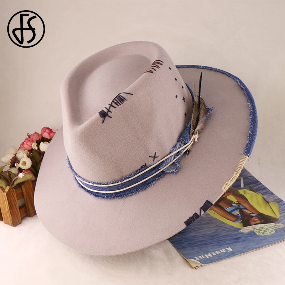 FS Beige Cowboy Hats For Men Women Feather Jazz Panama Hat Vintage Wool Felt Fedoras British Gentleman Cap Autumn Winter