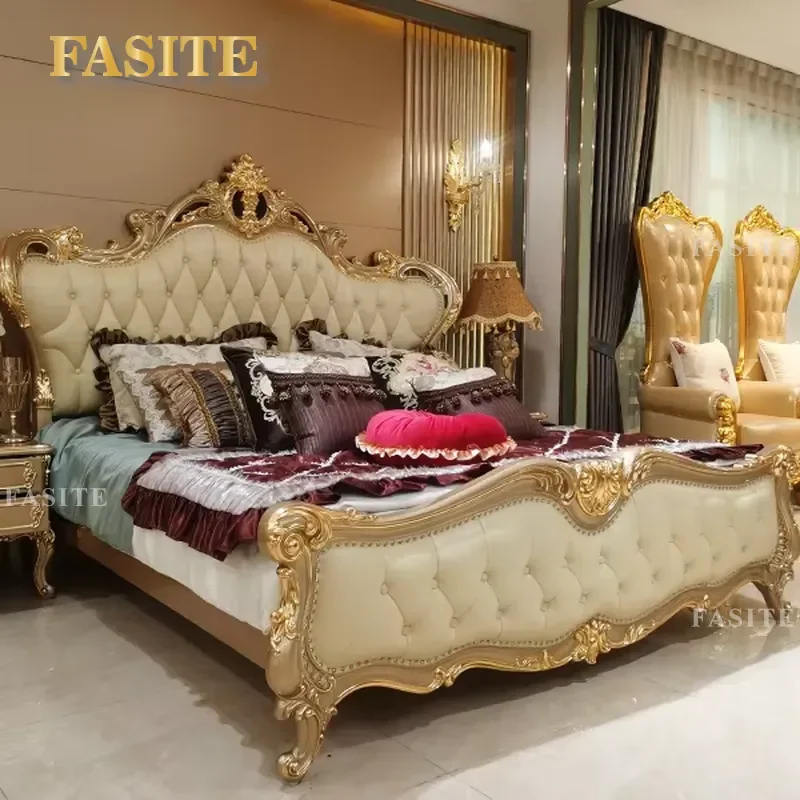 For Bed French Style Luxury Royal Carved Golden Solid Wood Frame Genuine Leather Double Bedroom Furniture Set