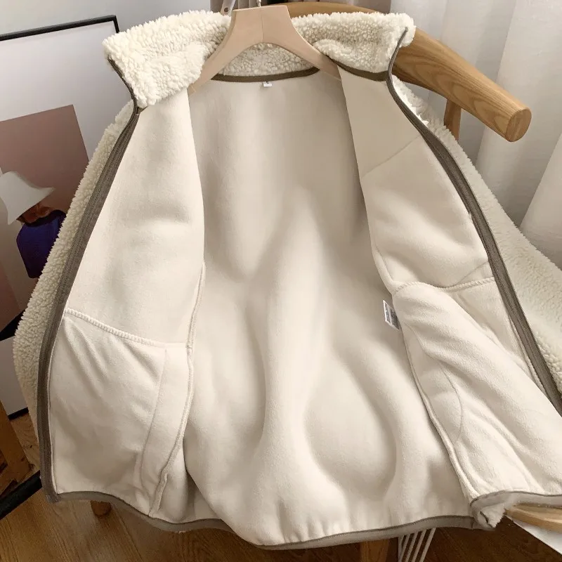 

Stand Up Collar Warm Imitation Lamb Wool Jacket Women Autumn Winter Windproof Pocket Long Sleeved Top Loose patchwork Coat