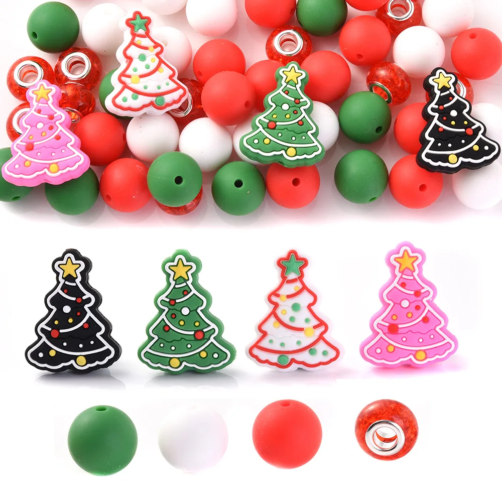 

50Pcs Themed Silicone Bead Set Christmas Tree Snow Cake Round Bead for Baby Pacifier Chain Clip Handmade Toys Accessories