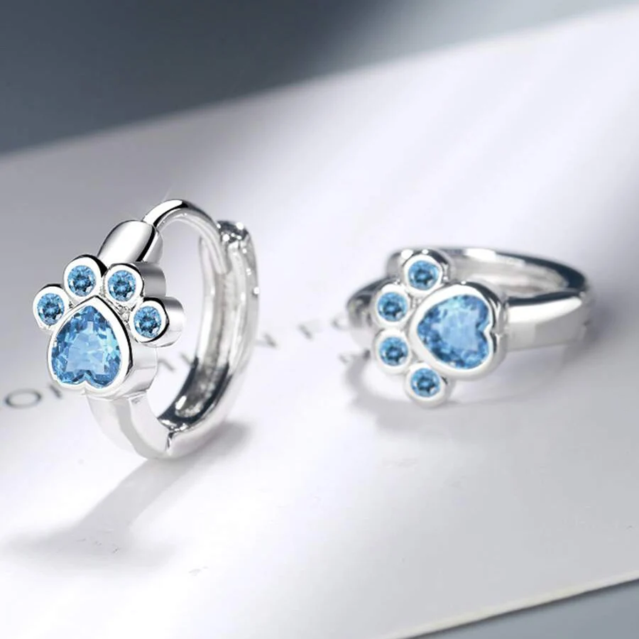 Silver Color Cat Paw Hoop Earrings Light Blue Heart Shape Round Crystal Stone Cute Girls Earrings Blue Zircon Party Hoops