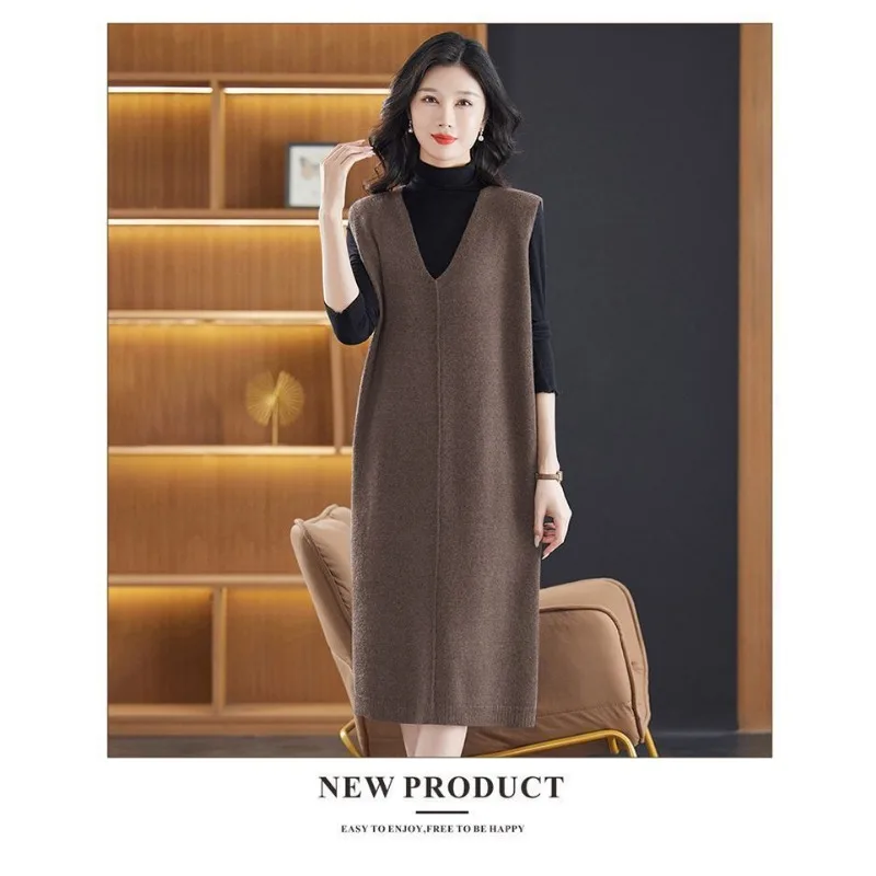 Colete de cor sólida sem mangas com decote em V saia suéter para mulheres outono inverno colete de malha quente suéter camadas para deslocamento