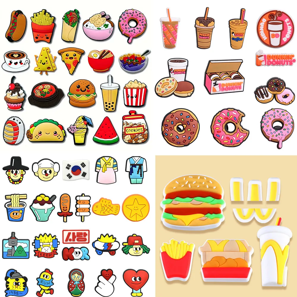 5-30PCS Doughnut and French fries pizza food drink Shoe Charm Mix Wholesale PVC Decor Buckle Detachable DIY Waterproof Xmas Gift