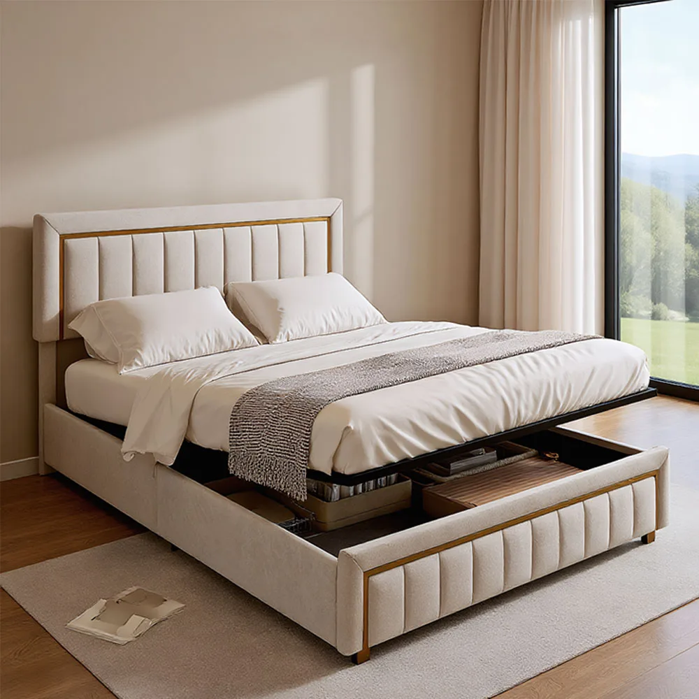 Cama Hidráulica Comanlai con Espacio de Almacenamiento, Cabecera y Estructura de Listones, Estructura de Cama para Adultos, Cama Doble Tapizada, Muebles de Dormitorio