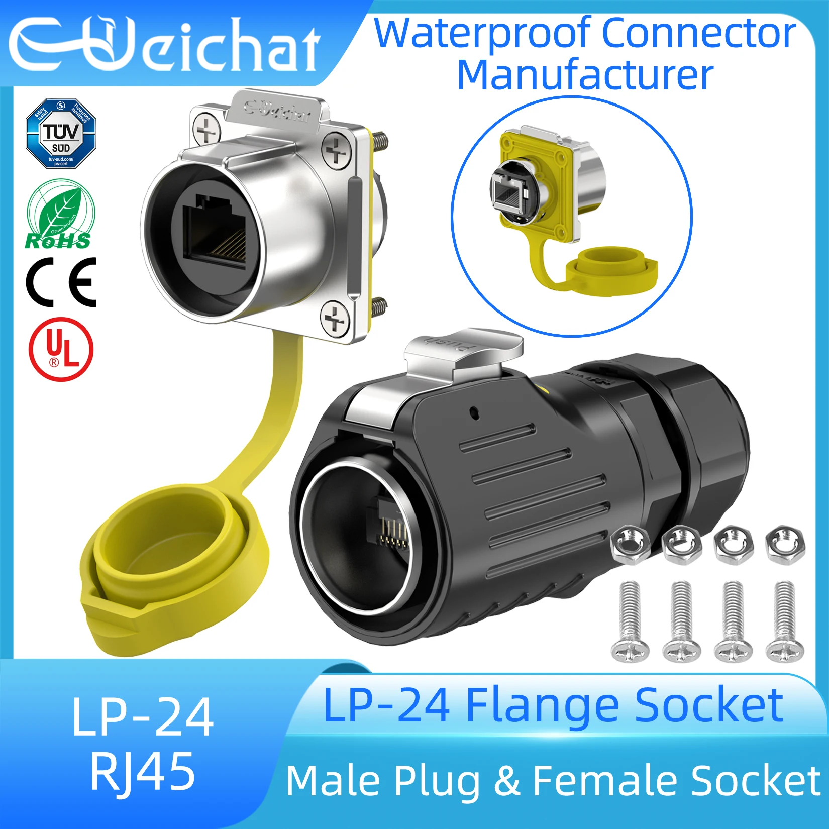 LP24 Waterproof RJ45 Connector IP68 Industrial Ethernet LAN Cable Connector Outdoor Modular Jack Network Connector