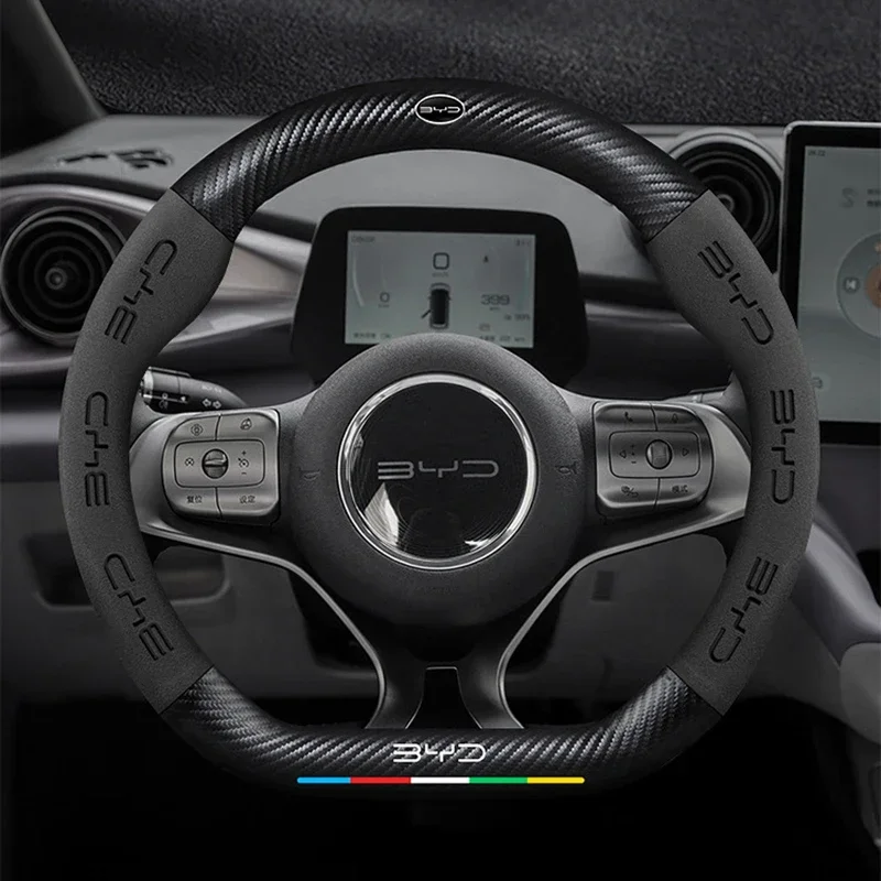 Funda de Volante Deportiva de Cuero en Forma de D para BYD Atto 3 EV Yuan Plus, Accesorios para Auto para BYD Song Plus, Dolphin, Seal, Tang, Han