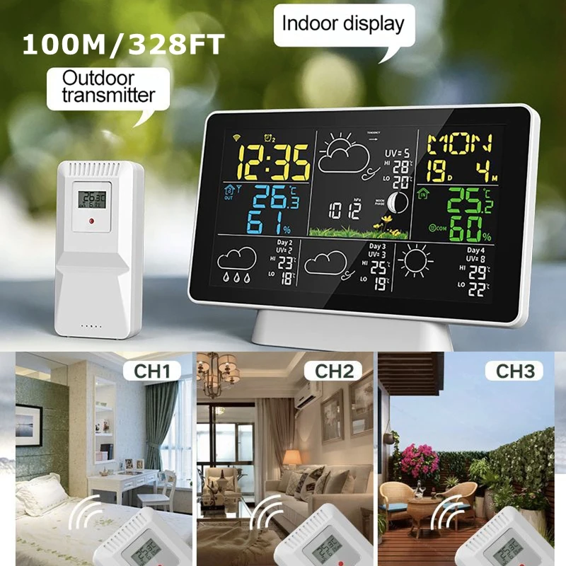 

6in1 Wireless Indoor Outdoor Weather Station 7.5Inch Big Color Screen with 100M Sensor Thermometer Humidity Alarm Clock Calendar