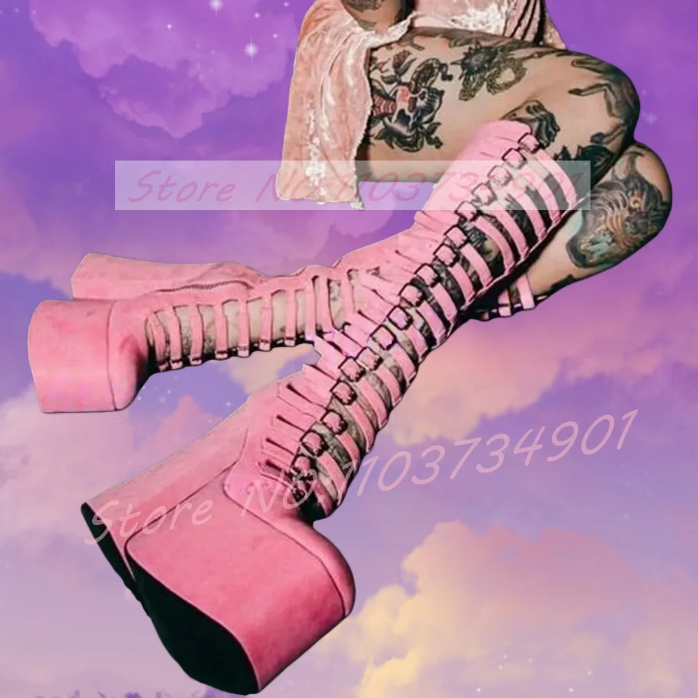 Pink Flock Platform Chunky Heel Boots Women Buckle Strap Side Zipper Knee Length Shoes Ladies Lovely Sexy High Heels Boots