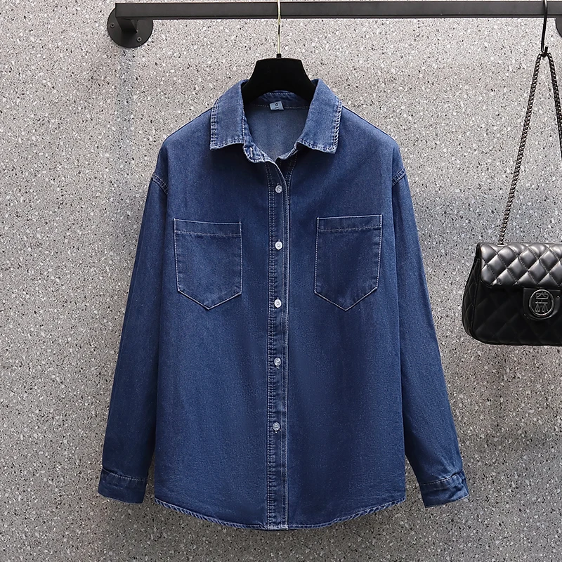 

Deep Blue Jean Denim Shirt Women Oversized 2022 Spring Casual Pocket Single Breasted Outwear Long Sleeve Blouse Big Tops Clothes