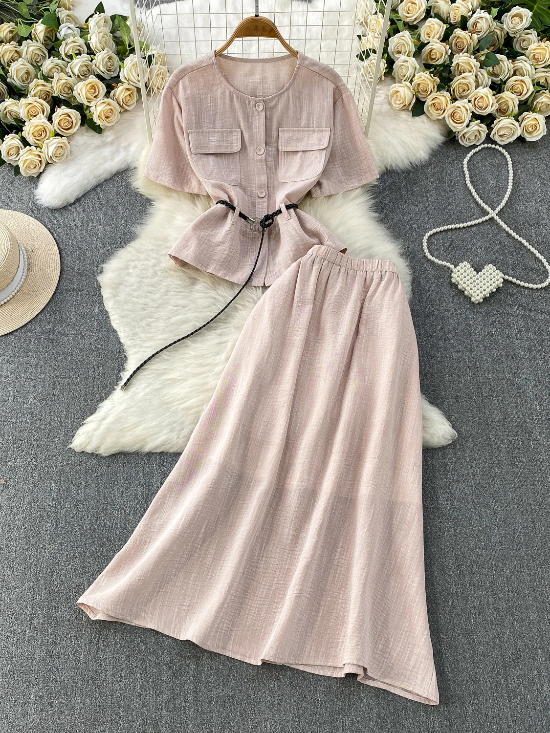 

Elegant Gentle Wind Double Pocket Waist Cinching Top High Waist Slimming Midi Skirt Two Piece Set Korean Style Commute Fashion