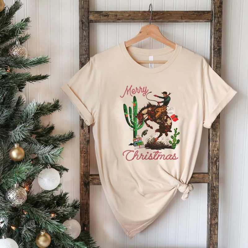 kuakuayu HJN Merry Christmas Cowboy Rodeo T-Shirt Women Cute Funny Holiday Graphic Tee Shirt Vintage Western Tshirt New Year Top