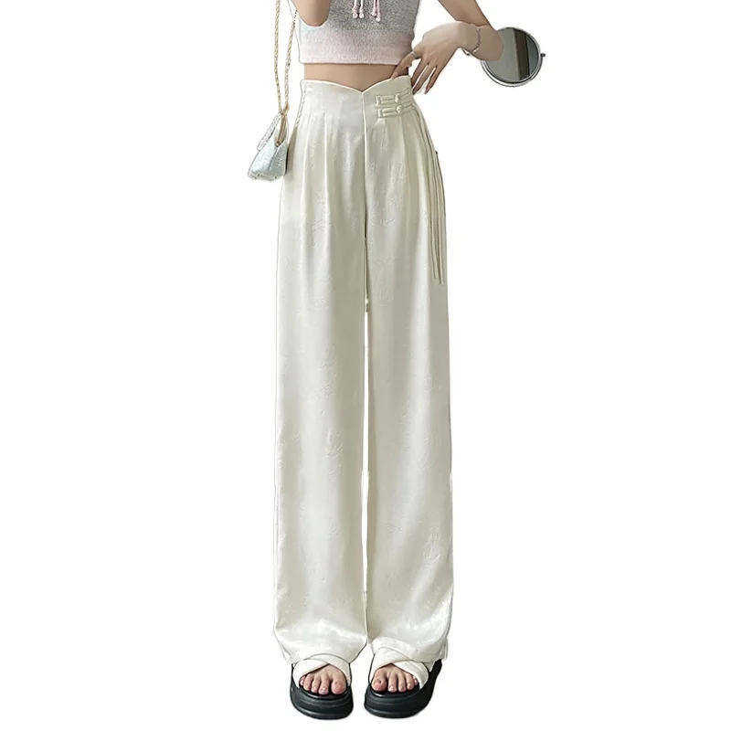 2025 ربيع وصيف جديد النمط الصيني الساتان الجاكار عالية الخصر المرأة بنطال ذو قصة أرجل واسعة عالية الخصر زر بنطلون أنثى