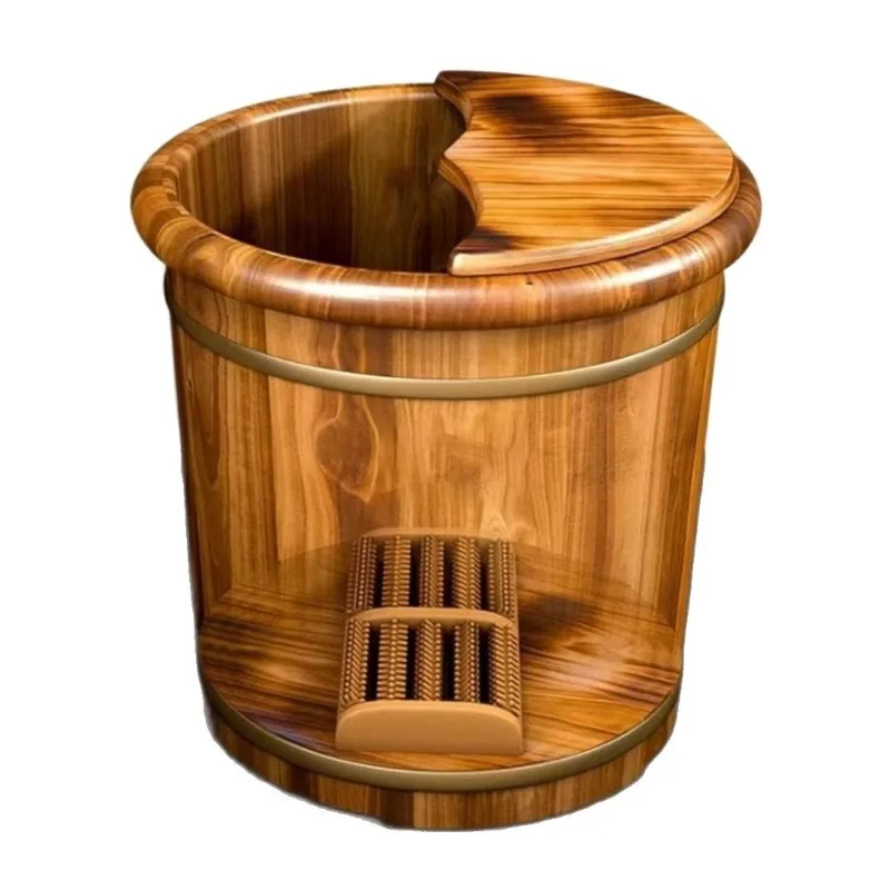 Wooden Foot Soaking Bucket, Solid Wood Calf-Deep Foot Bath Basin, Insulated Massage Foot Spa Tub With Lid For Home - view 5