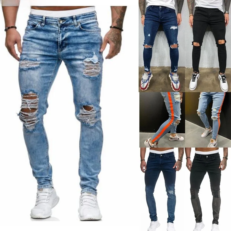 

Мужские рваные джинсы-джоггеры со средней посадкой, длинные брюки, повседневные, с молнией, зауженные, расклешенные, джинсовые, весенняя коллекция