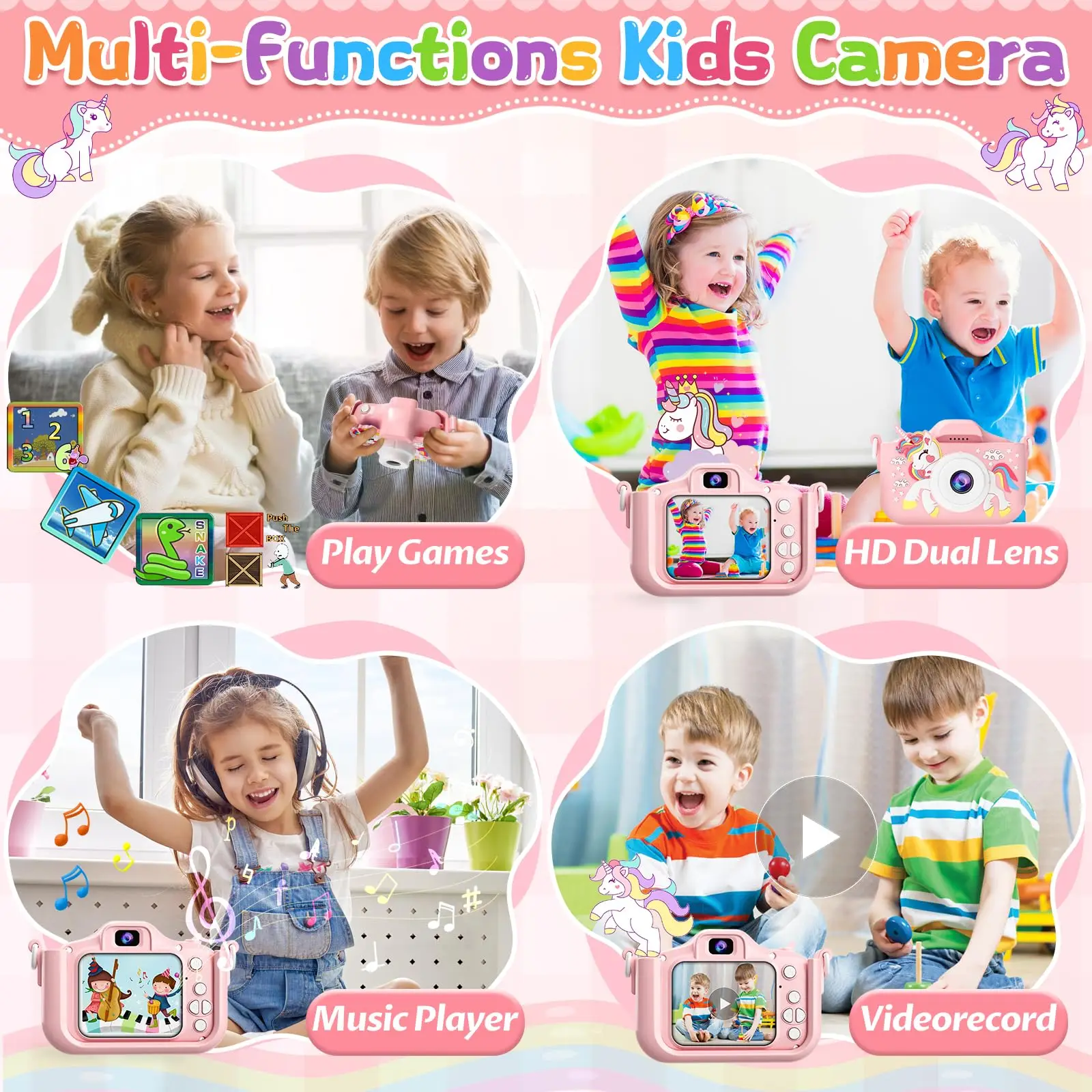 Appareil photo pour enfants avec carte mémoire de 64 Go, résolution 48 MP, enregistrement HD 1080p, cadeau parfait pour les vacances ou les anniversaire pour garçons et filles.