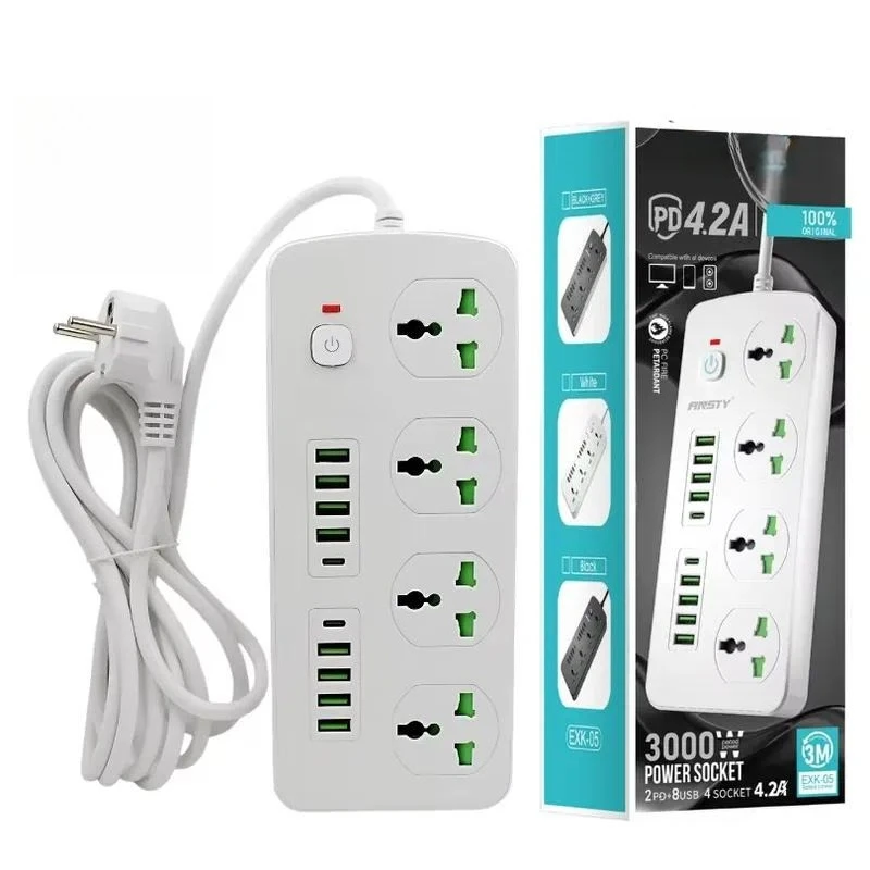 Smart Power Strip 3000W WiFi Socket with Switch 4 Outlets 8 USB 2 Type C Ports 3m Cable White Multi Function Adapter
