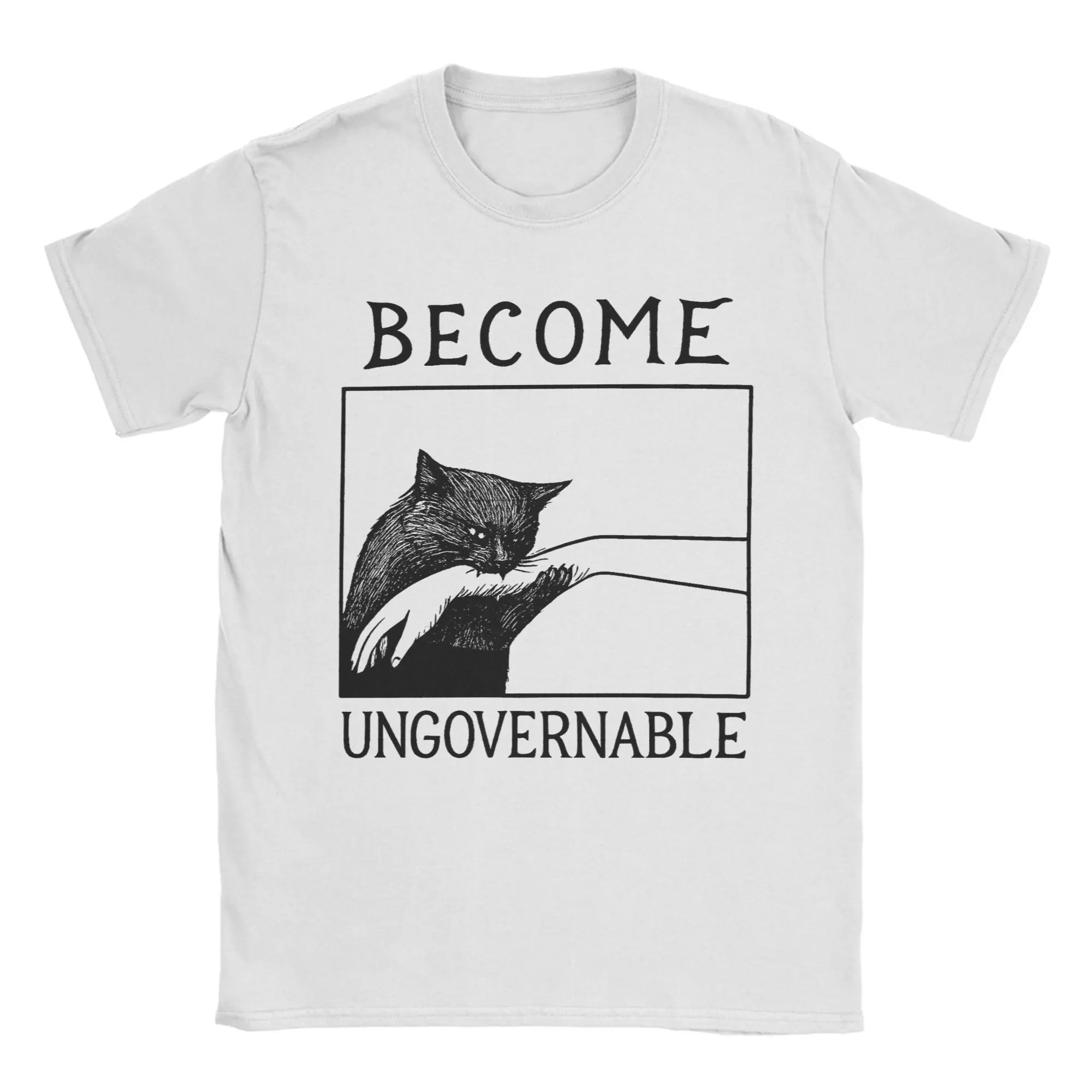 Men's Become Ungovernable Black Cat Biting Hand Funny Meme T Shirts  Cotton Clothing Short Sleeve Crewneck Tee Shirt T-Shirts