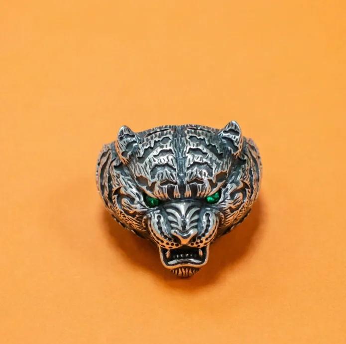 King Style Exquisite Tiger Head Ring Punk Silver Trendy Tiger Head Male Handsome Personality Open Finger Ring