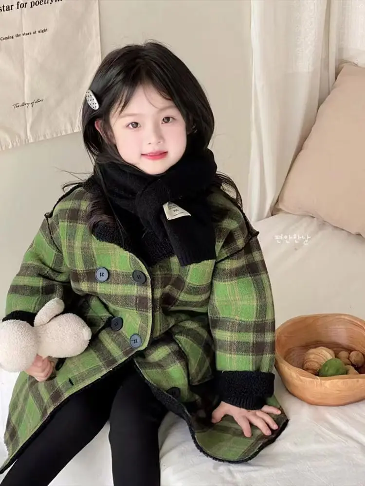 2025 Autumn/Winter Girls Wool Coat Korean Fashion Hooded Pea Coat Plaid Long Sleeve Mid-Length Outerwear for Toddlers