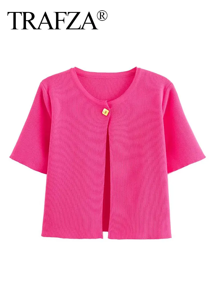 TRAFZA Women Crop Shirt Top O Neck Single Button Short Sleeve Thin Knitted Cardigan Coat Elegant Pink Slim Office Lady Outwear