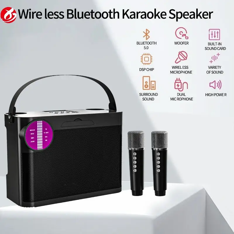 #Powerful Wireless Portable Dual Mics Bluetooth Speaker Hifi Stereo Family Party Karaoke Subwoofer Boombox with cellphone holder