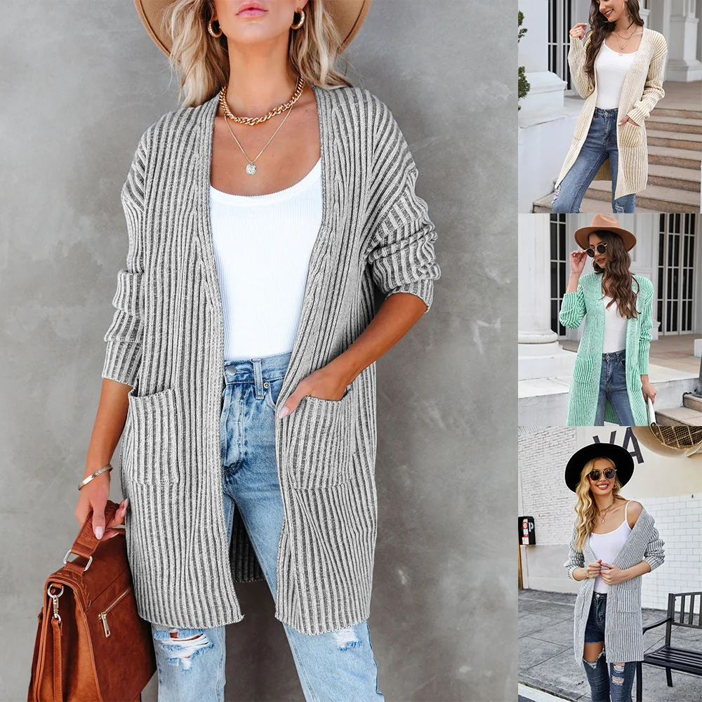 

Mid Length Coats Women Cardigan Sweaters Knitted V Neck Full Sleeve Y2k Streetwear Elegant Splice Solid Open Stith Autumn Winter