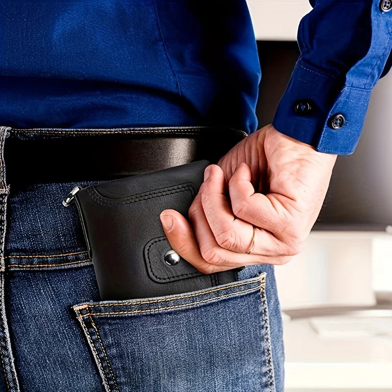 1pc Premium Top Layer Cowhide Leather Wallet - RFID Blocking, Bifold with Double Zipper Pockets & Anti-Theft Chain - Durable, St