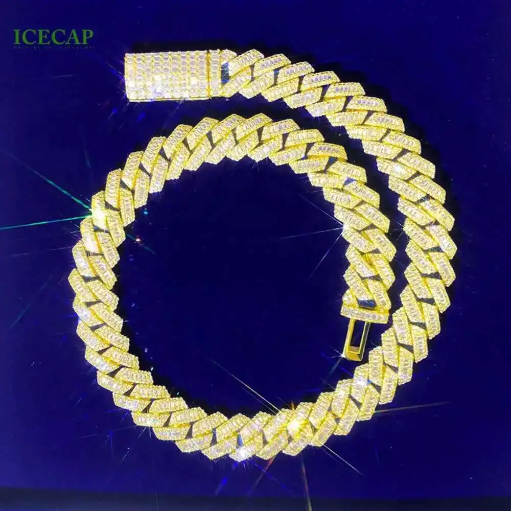 

20mm Full Iced Out Moissanite Diamond 925 Silver Gold Plated Trapezoid Cuban Link Chain Hiphop Cuban Necklace Bracelet for Men