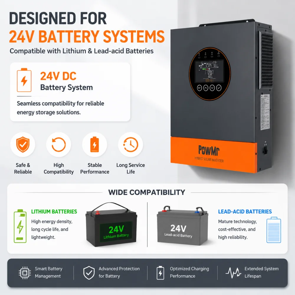 PowMr 4kW MPPT Solar Inverter 24V Off-Grid Pure Sine Wave UPS Max 500V PV Input for 24V LiFePO4 Battery Built in BMS RS485 CAN with Dual AC Output for Home RV Inversor