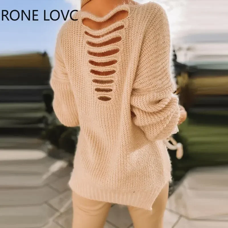 

Women Long Sleeve Chunky Knit Acrylic Hole Decor Back Sweater Knitting Tops