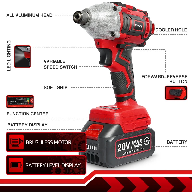 VVOSAI 20V Electric Screwdriver battery 300NM Brushless Cordless Screwdriver Impact Drill Impact Driver Rechargeable Driver