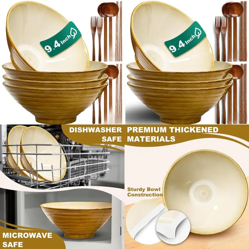 

9.4 Ceramic Ramen Bowls Set (16 Pieces) - Japanese Style Porcelain, Dishwasher and Microwave Safe, Ideal for Salad, Noodles, Cer