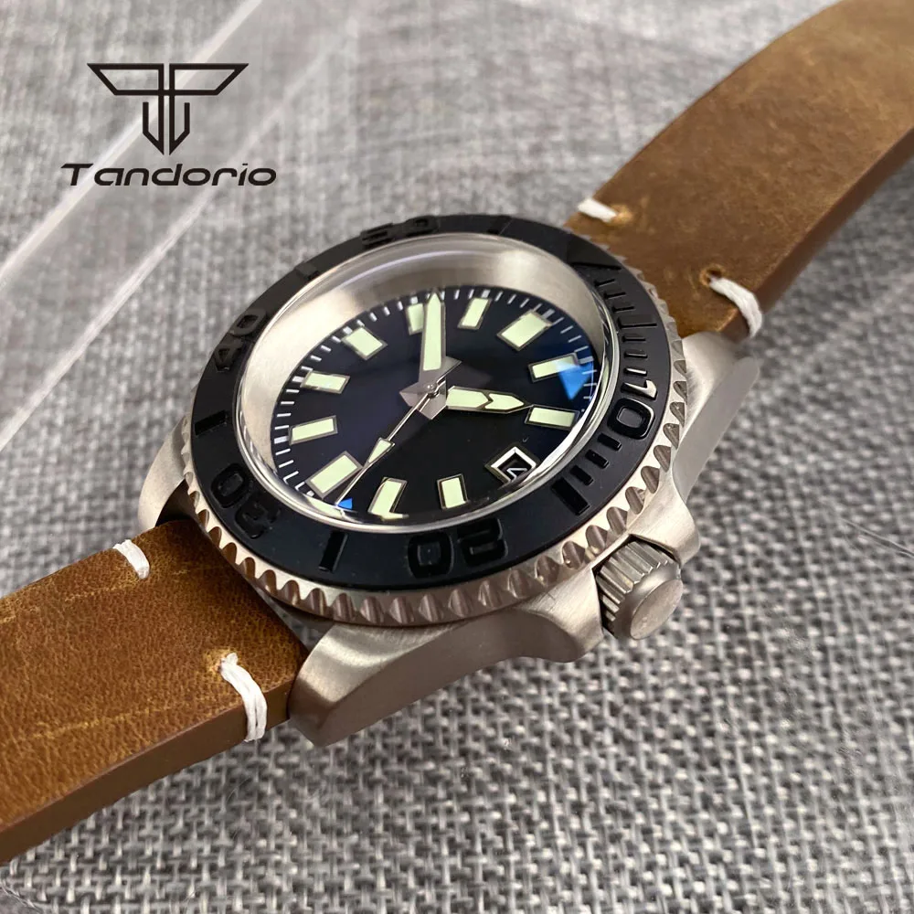Tandorio 40mm Titanium Case Domed Sapphire Crystal Men\'s Automatic Watch Light Weight Dive Wristwatch Date Display NH35 Movement