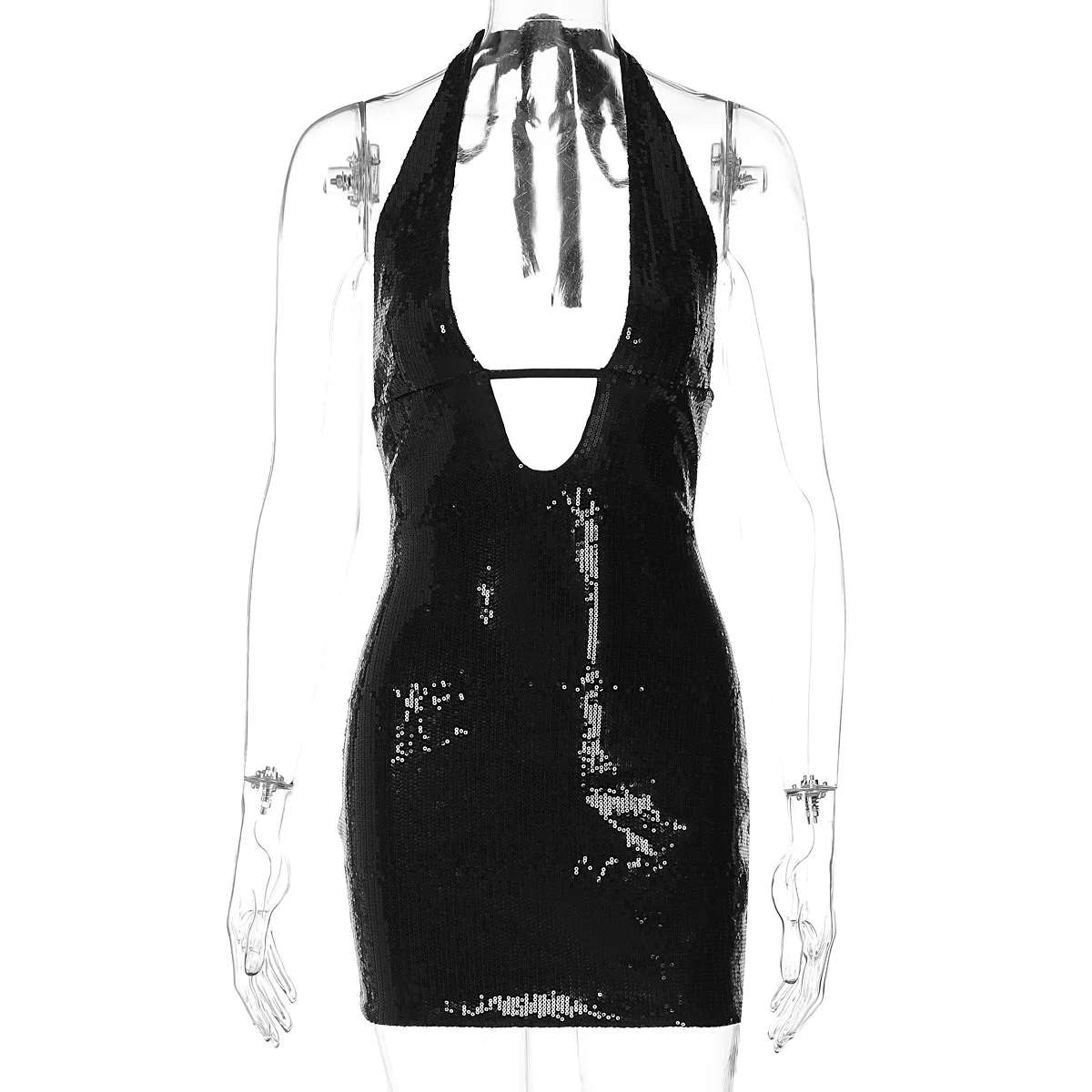 Europeu americano feminino estilo menina quente sexy profundo v recorte sem costas estilo boate halter bodycon vestido escuro