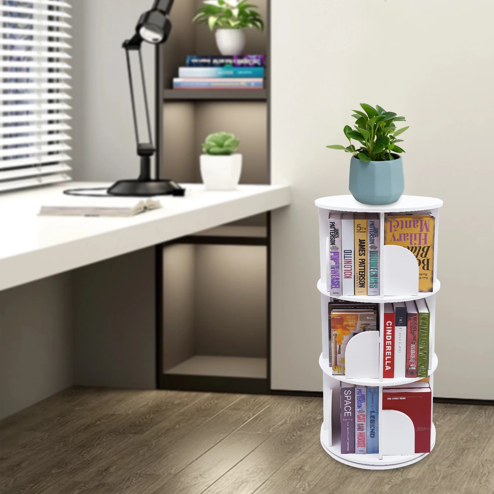 

3Tier 360°Rotating Bookshelf Bookcase Storage Shelf Free standing Display Rack Modern 3 Tiers 360° Rotating Stackable Shelves