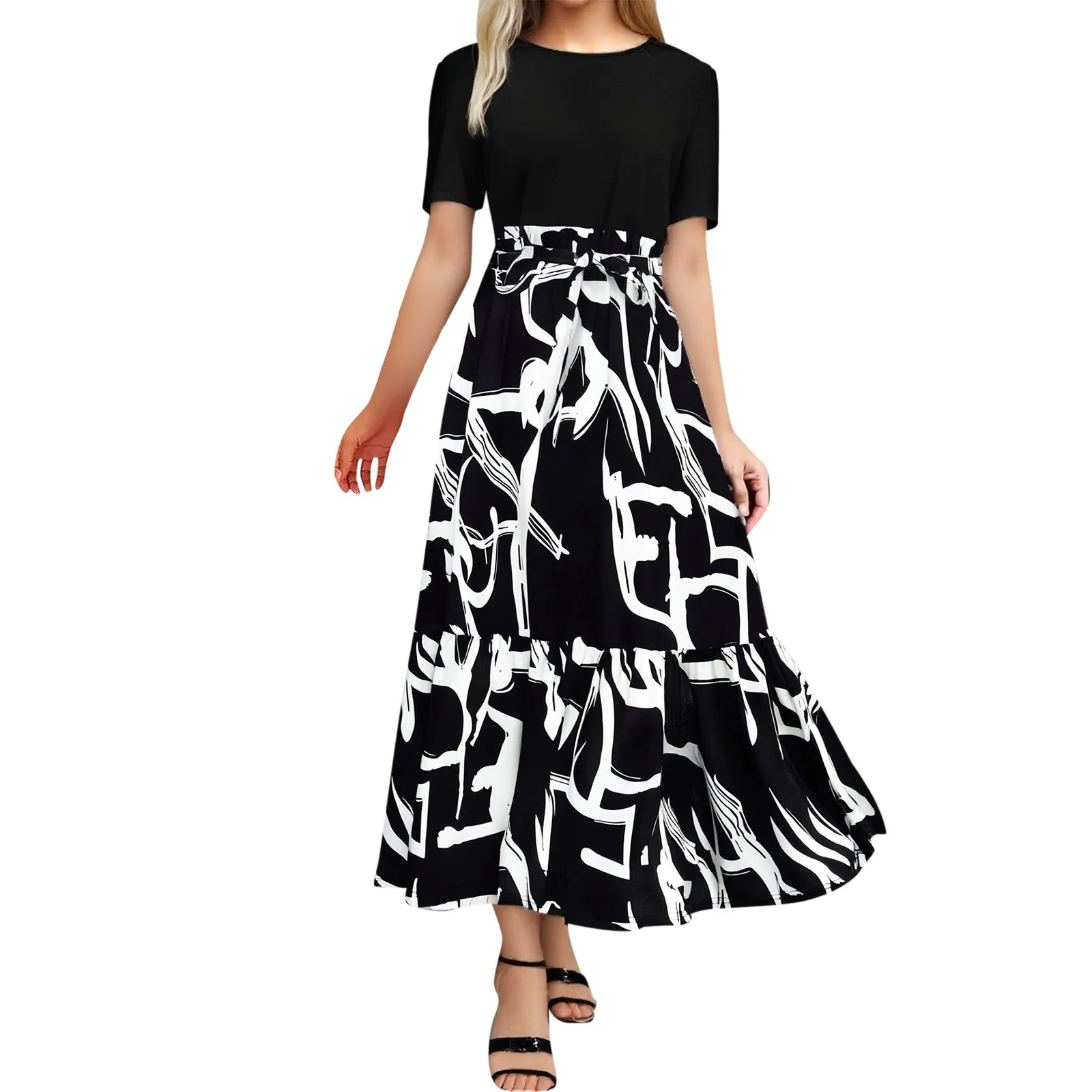 

Summer Dresses For Women 2025 Floral Print Wrap Short Sleeve Maxi Dress Patchwork Ruffle Hem A Robe Femmes Casual