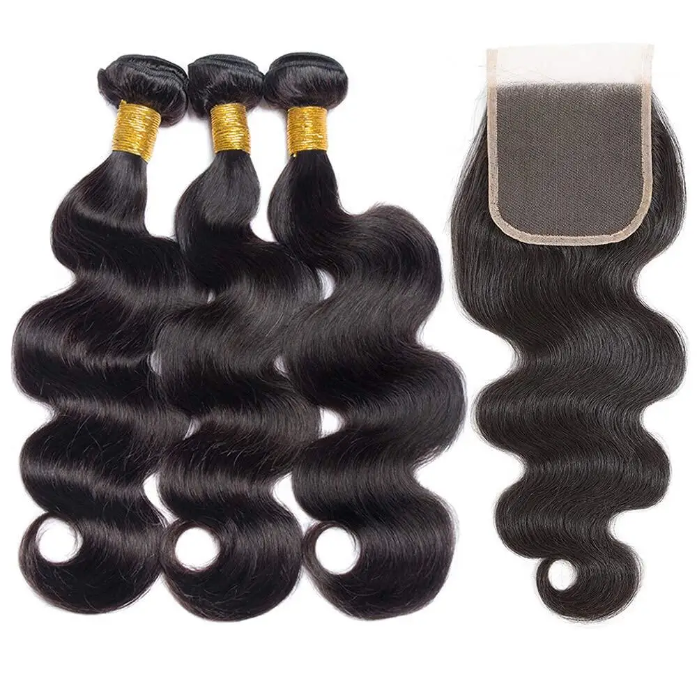 Bundles brésiliens de vague de corps de vierges avec fermeture, cheveux humains non transformés, fermeture à lacet 4x4, extensions de tissage, document naturel