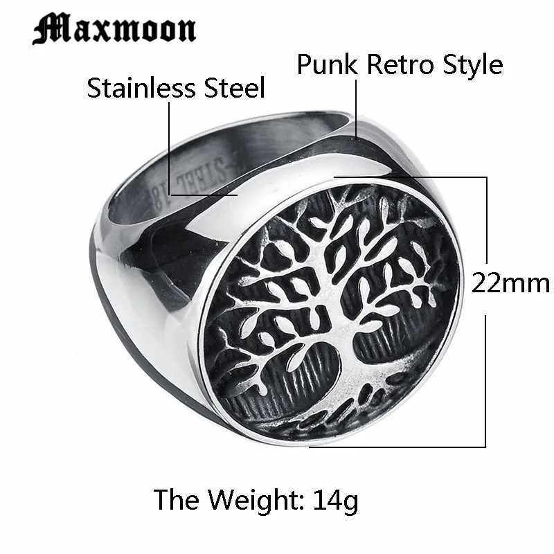 Maxmoon Stainless Steel Titanium Ring New Wisdom Tree Of Life Rings For Men Jewelry Size 7-13
