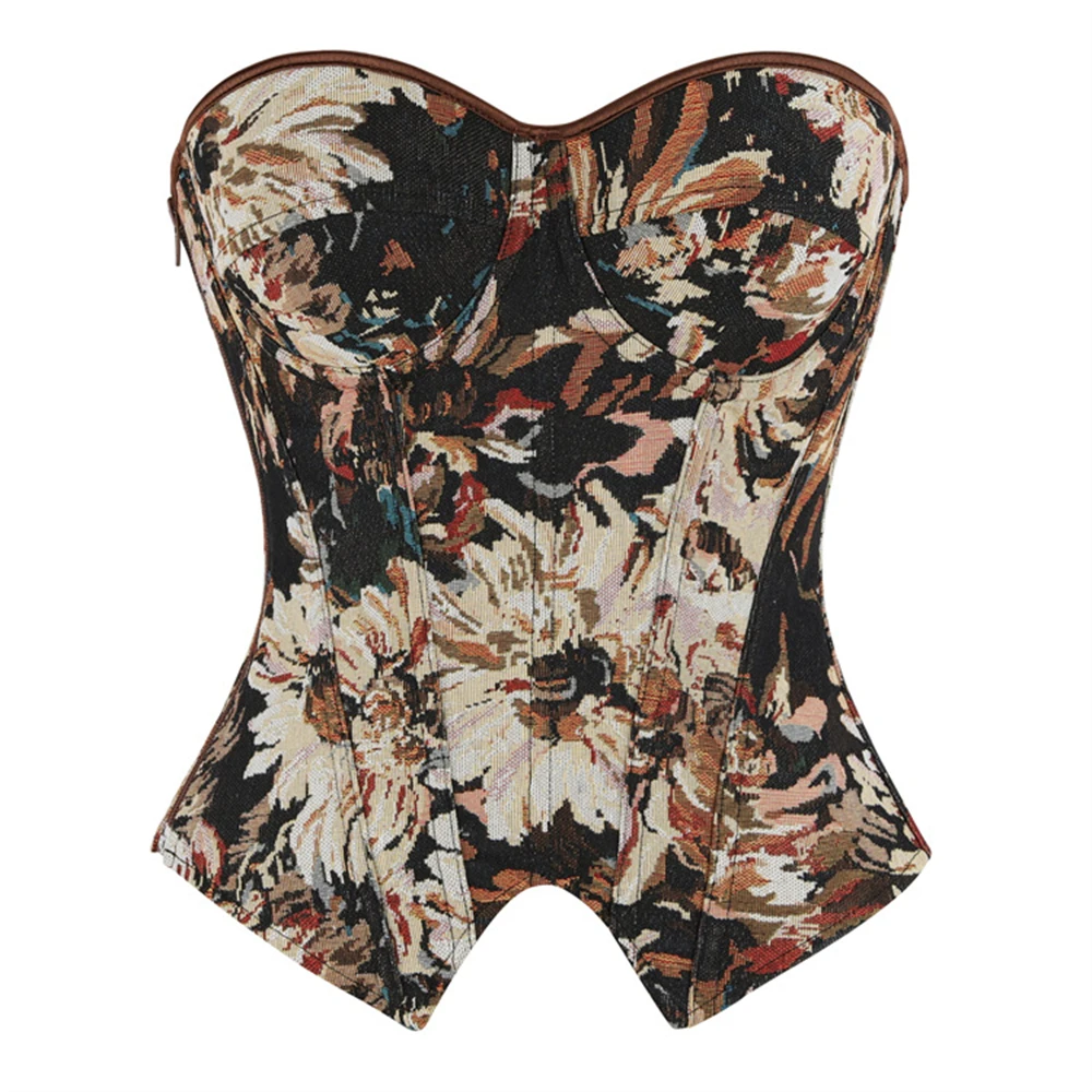 Top Corsé Vintage para Mujer, Estilo Gótico, Marrón con Estampado Floral, Cierre Lateral, Sujetador de busto, Control de abdomen, Faja Reductora, Top Moldeador