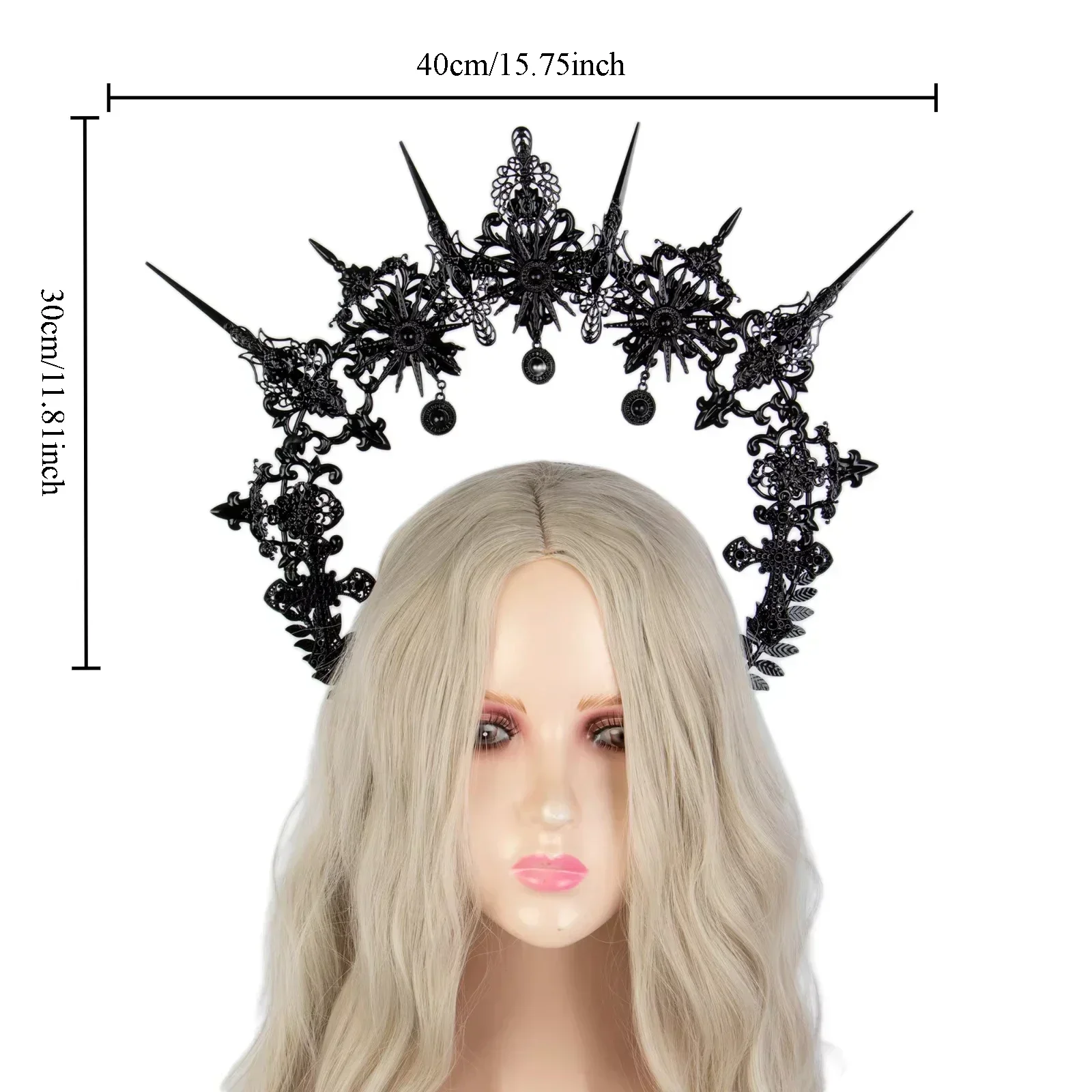 Black Gothic Spiked Halo Crown Mary Goddess Halo Headband Women Halloween Cosplay  Headband Handmade Wedding Headdress